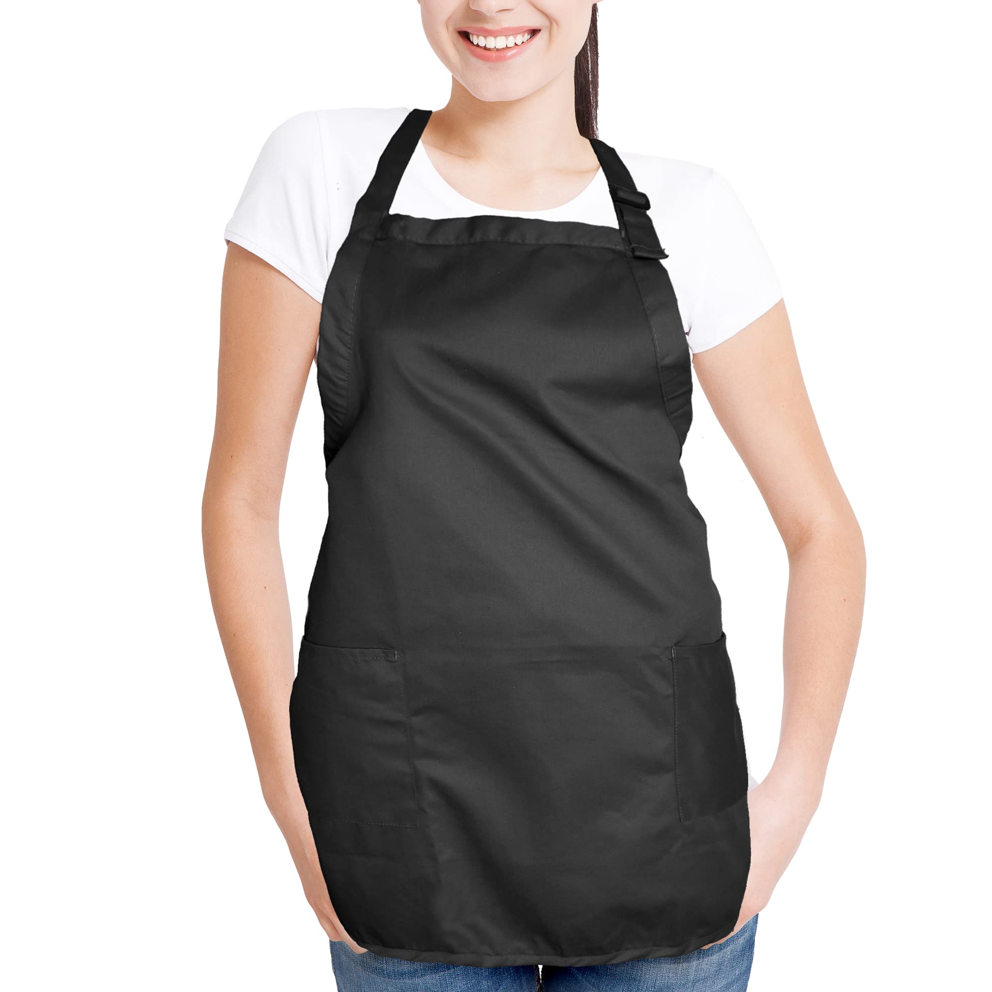 Dalix Apron Commercial Restaurant Home Bib Spun Poly Cotton Kitchen Aprons (2 Pockets) In Black 12 Pack